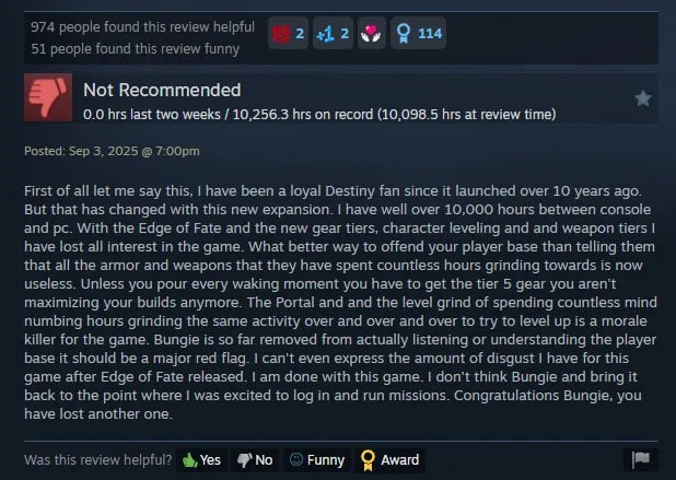 Игрок раскритиковал Destiny 2 после 10 тысяч часов игры