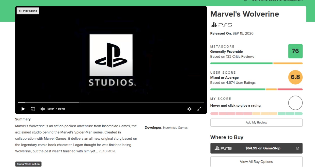 Marvel’s Wolverine опустилась до 76 баллов на Metacritic