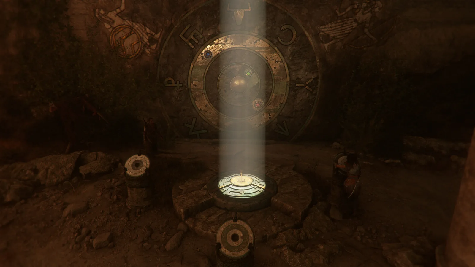 Вертикальный луч освещает механизм в древнем зале — Resonance: A Plague Tale Legacy