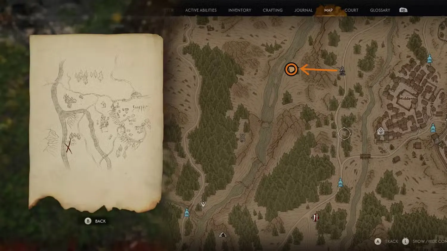 Рисунок сокровища и соответствующая точка на карте: Берег реки — The Blood of Dawnwalker