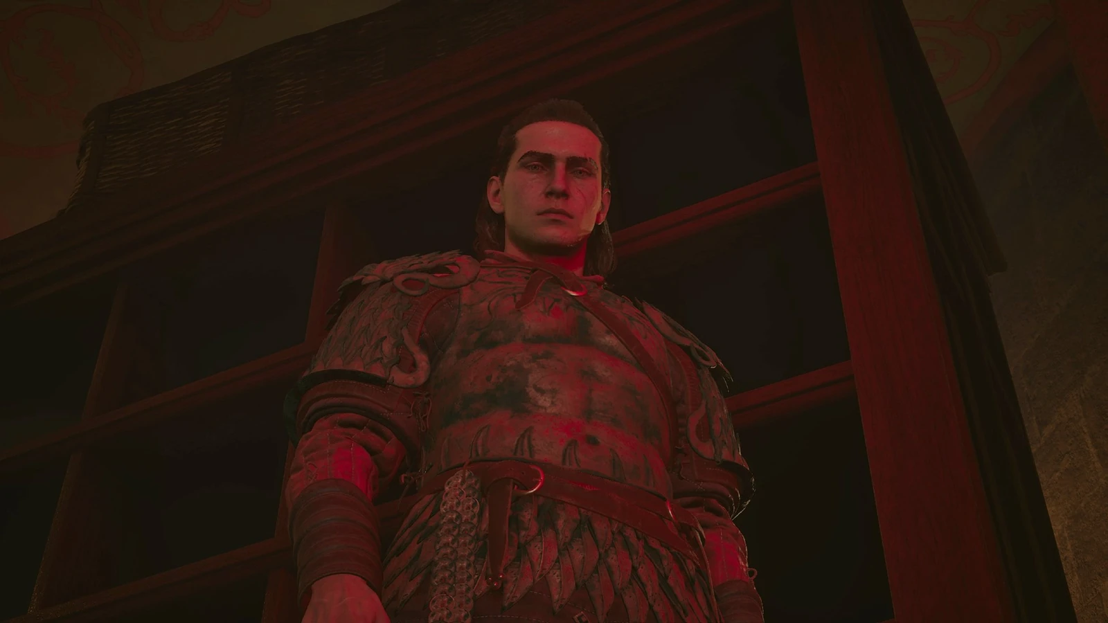 Воин в тяжёлых доспехах при красном освещении — The Blood of Dawnwalker