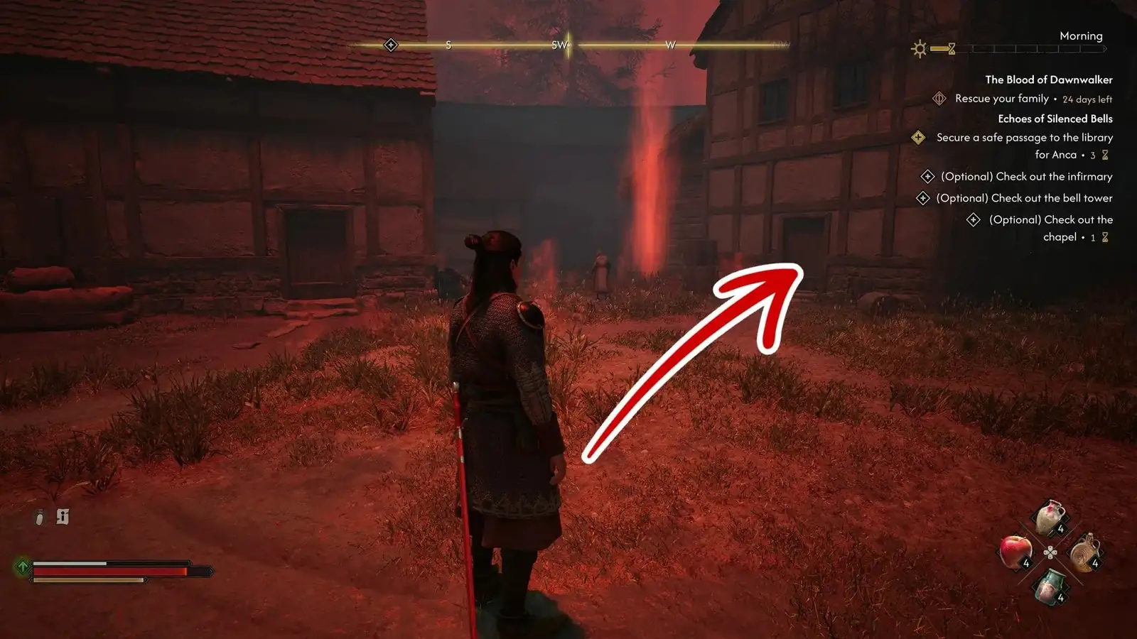 Красный след и указатель маршрута на улице — The Blood of Dawnwalker