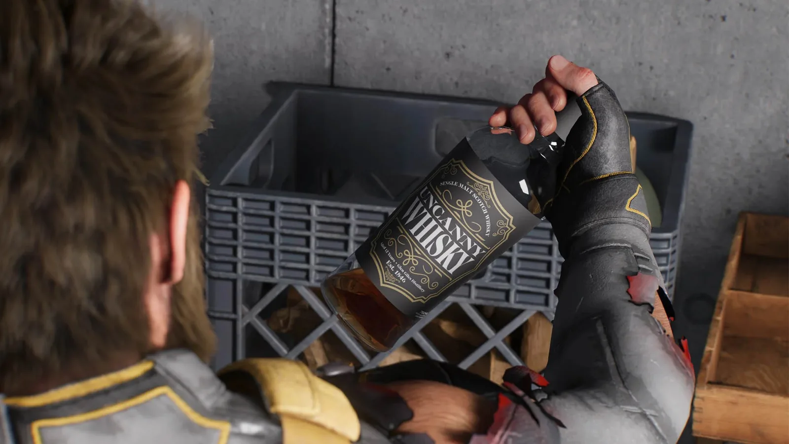 Логан осматривает бутылку виски у ящика — Marvel's Wolverine
