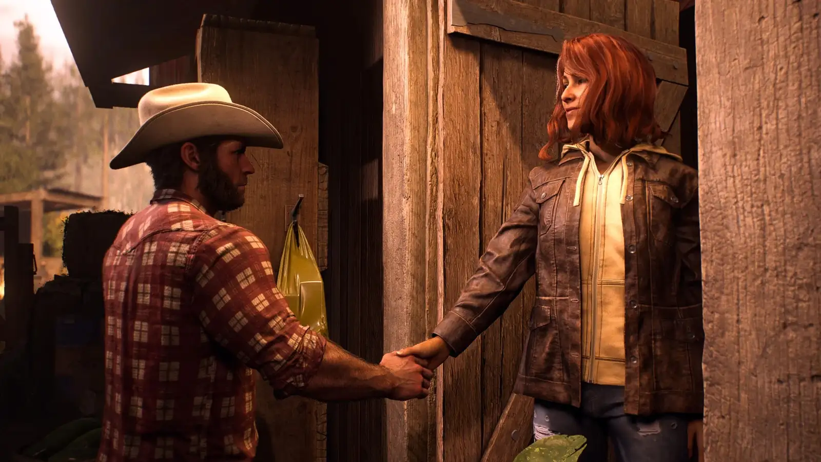 Логан в шляпе пожимает руку рыжеволосой женщине — Marvel's Wolverine