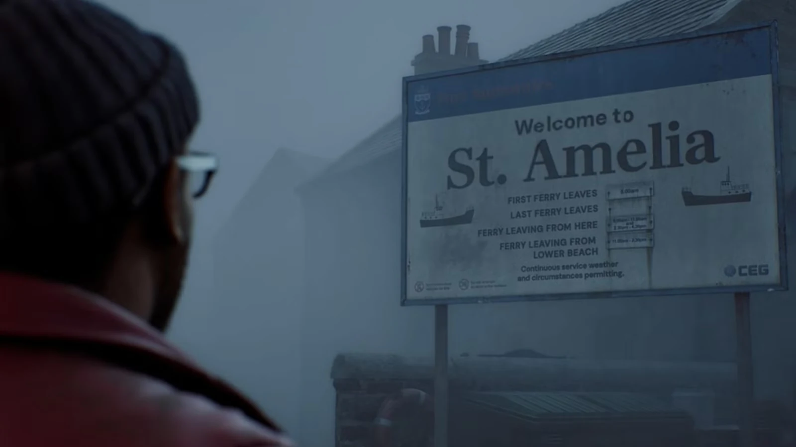 Герой стоит перед приветственным указателем St. Amelia в тумане в Silent Hill: Townfall