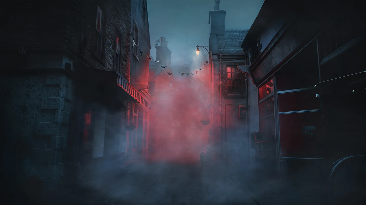 Пустая городская улица в тумане с красным освещением в Silent Hill: Townfall