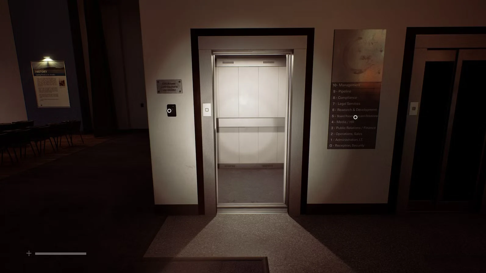 Закрытые двери лифта и панель вызова в помещении башни в Silent Hill: Townfall