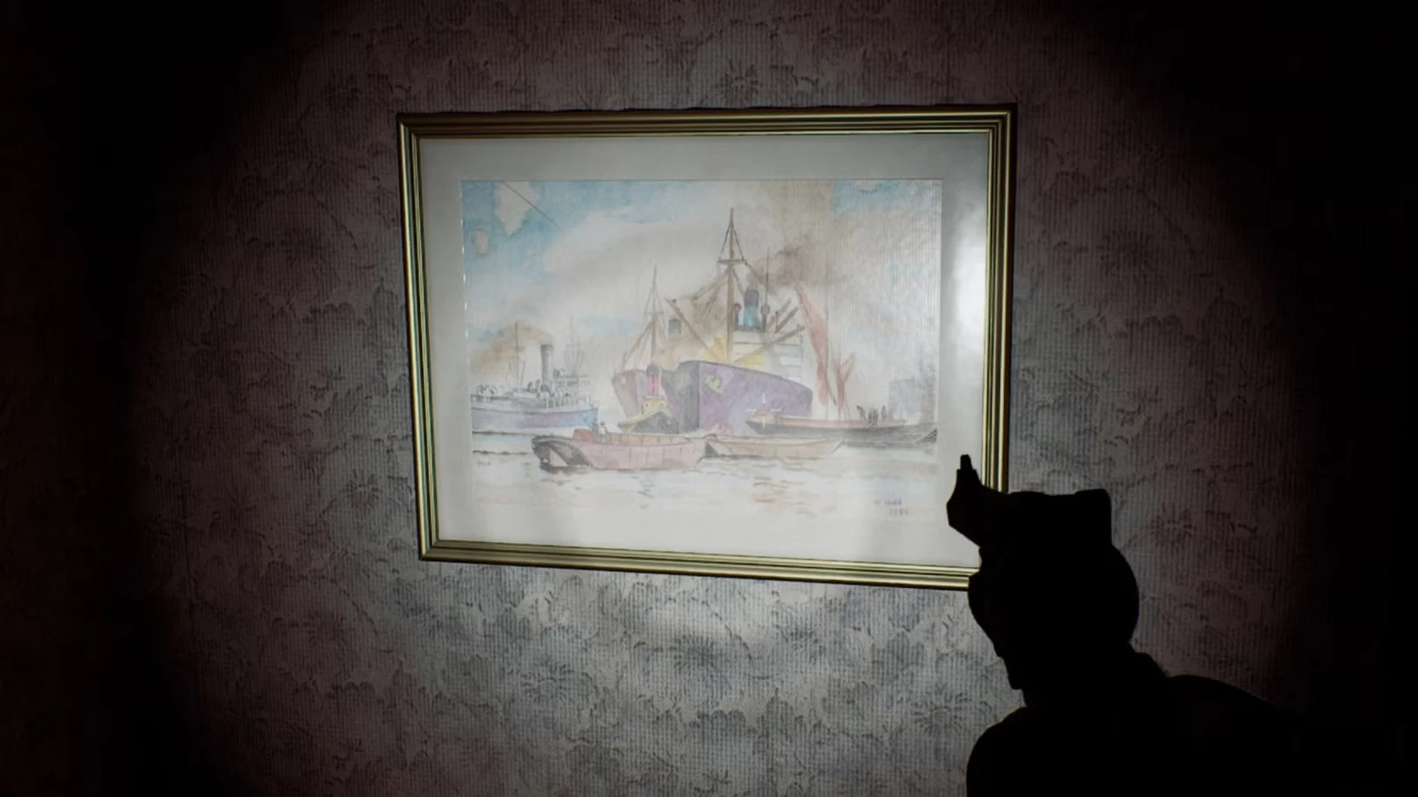 Картина с парусным кораблём на стене, освещённая фонарём в Silent Hill: Townfall