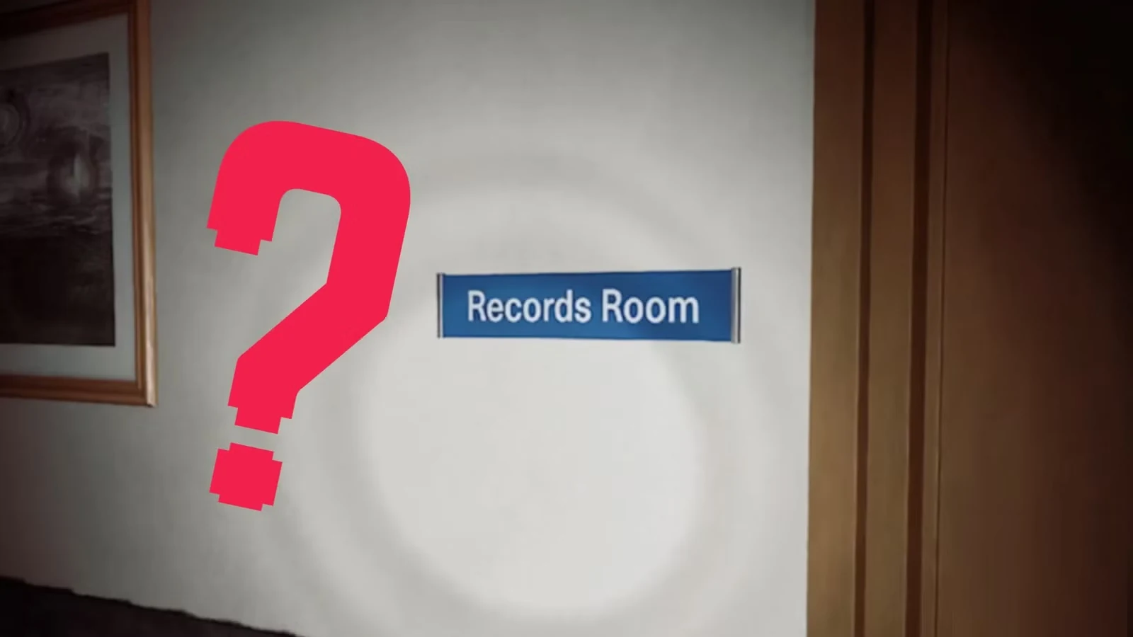 Табличка Records Room на двери и красный знак вопроса на изображении в Silent Hill: Townfall