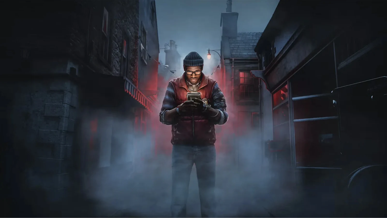 Герой с портативным CRTV посреди тумана на городской улице в Silent Hill: Townfall
