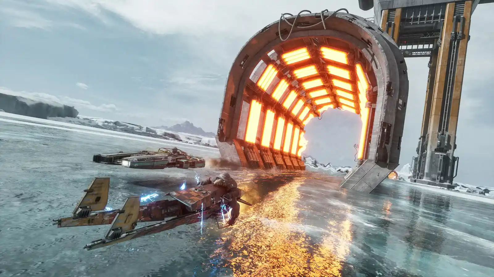 Гоночные аппараты у светящегося кольца над водой — STAR WARS: Galactic Racer