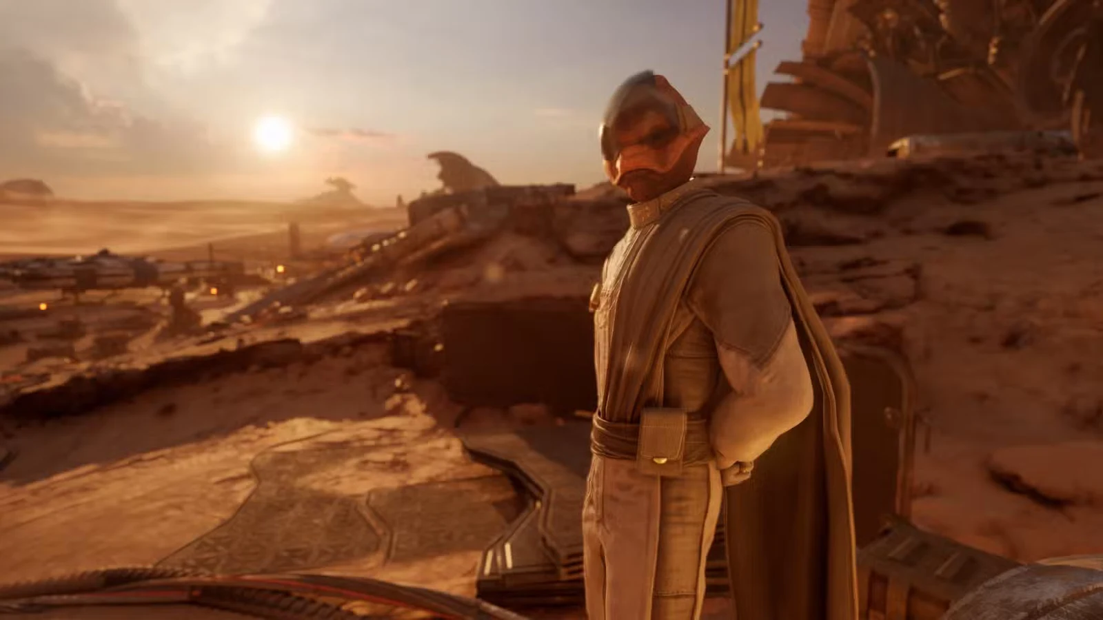 Гонщик в шлеме стоит среди песчаных дюн — STAR WARS: Galactic Racer