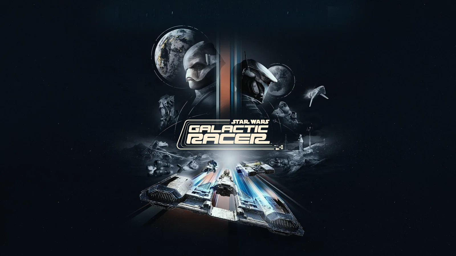 Гонщики и гоночный аппарат на постере Galactic Racer — STAR WARS: Galactic Racer