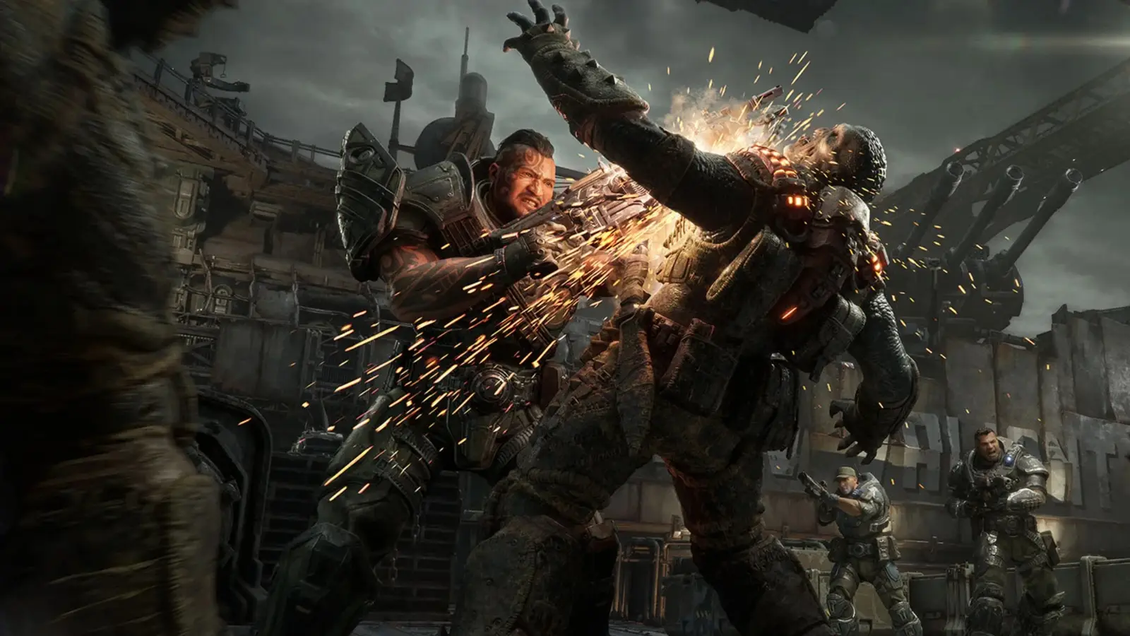 Боец сталкивается с бронированным противником в бою — Gears of War: E-Day