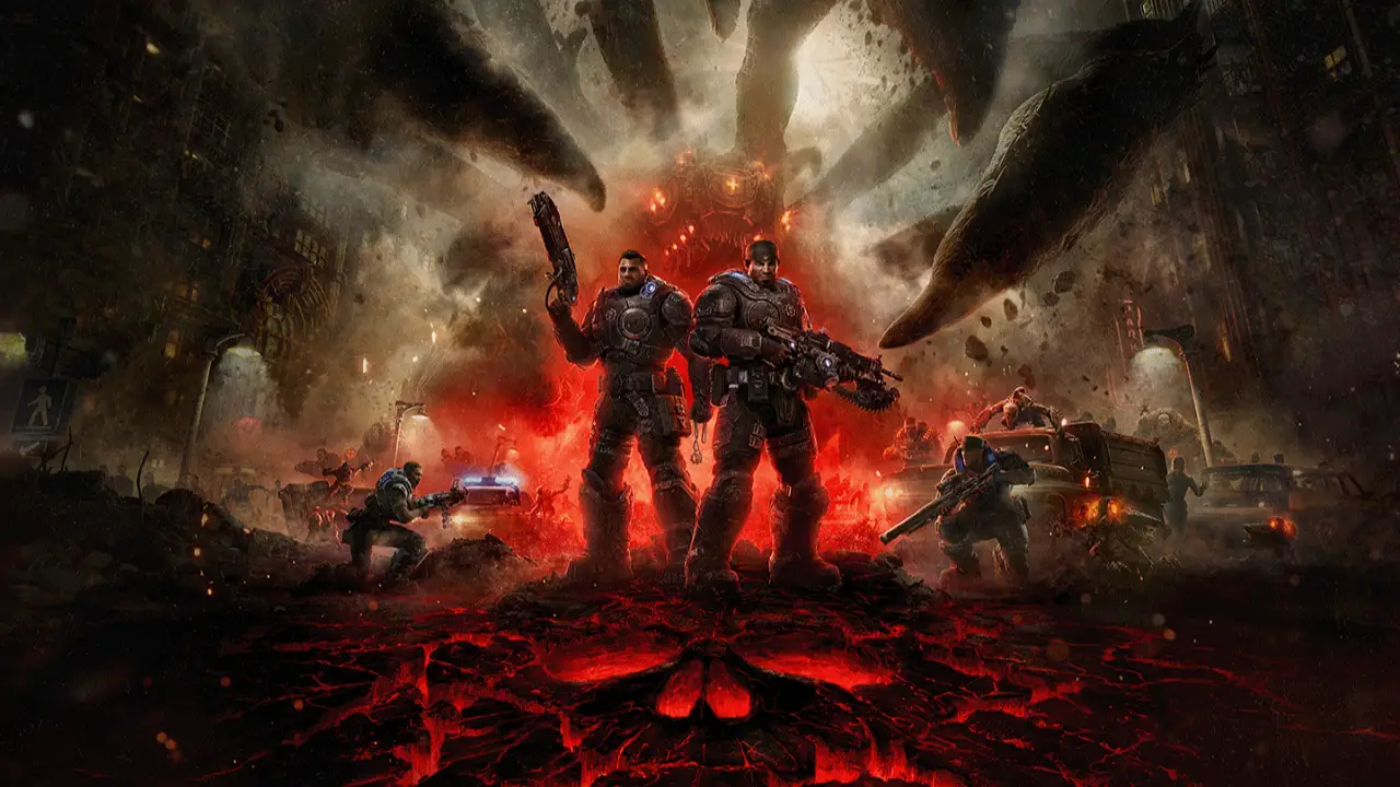 Вооружённые бойцы среди огня и обломков — Gears of War: E-Day