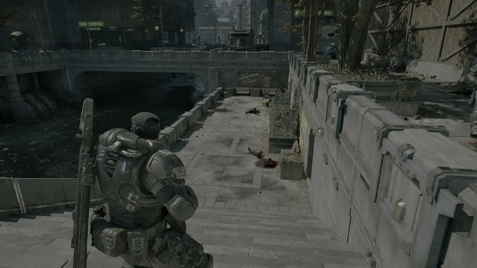 Отряд на лестнице среди бетонных укреплений — Gears of War: E-Day