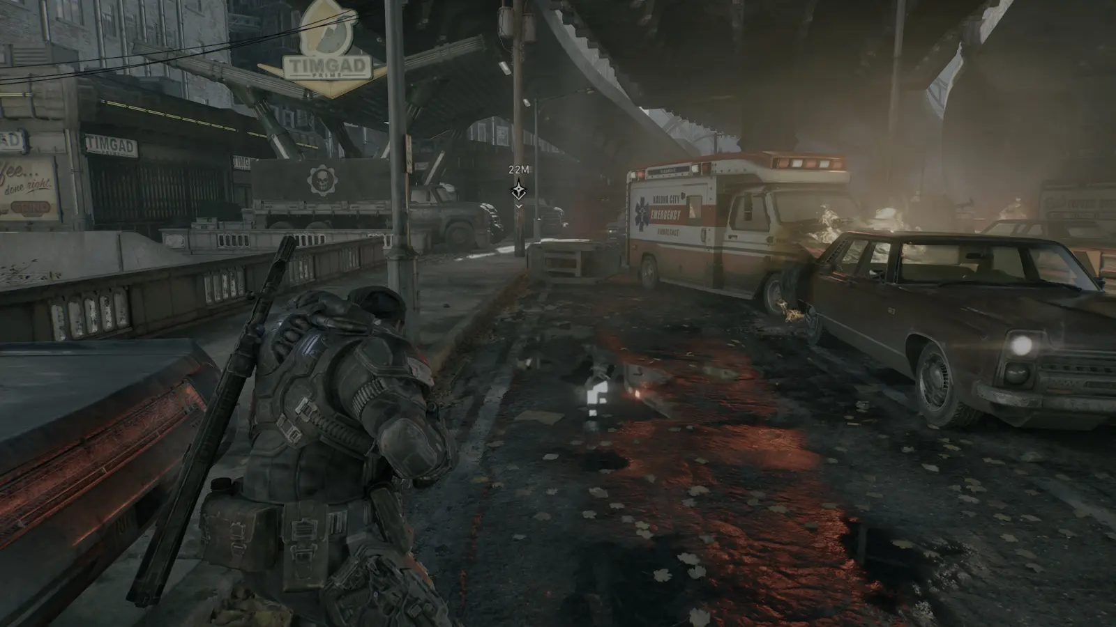 Отряд движется по улице среди горящих машин — Gears of War: E-Day