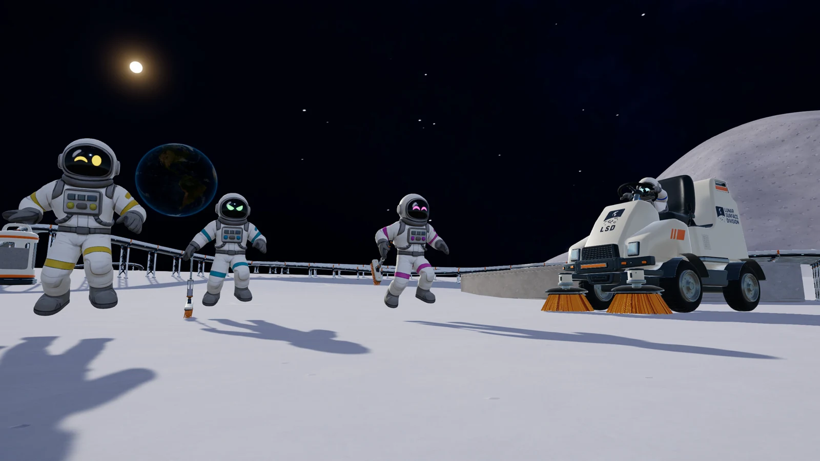 Группа персонажей в скафандрах и транспорт на лунной базе Moon Sweepers