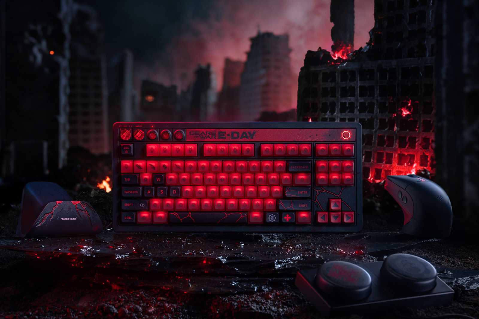 Клавиатура 8BitDo Retro 87 с красной подсветкой, мышь Retro R8 и блок дополнительных кнопок в оформлении Gears of War: E-Day
