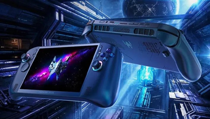 Acer Predator Atlas 8 спереди и сзади на фоне космической станции