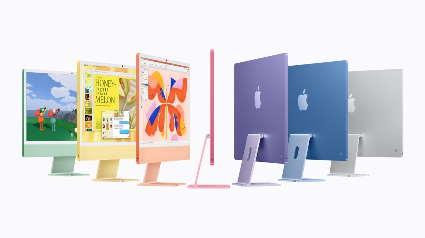 Семь моноблоков iMac с M6 в зелёном, жёлтом, оранжевом, розовом, фиолетовом, синем и серебристом цветах