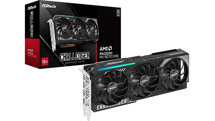 Чёрная видеокарта ASRock Radeon RX 9070 GRE Challenger с тремя вентиляторами рядом с коробкой