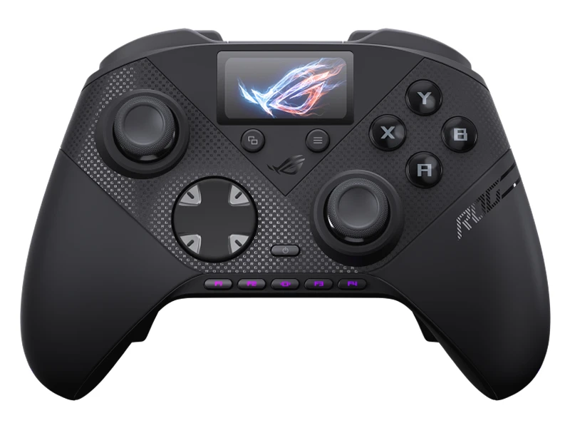 Чёрный контроллер ASUS ROG Raikiri II Pro с асимметричными стиками и цветным экраном над ними