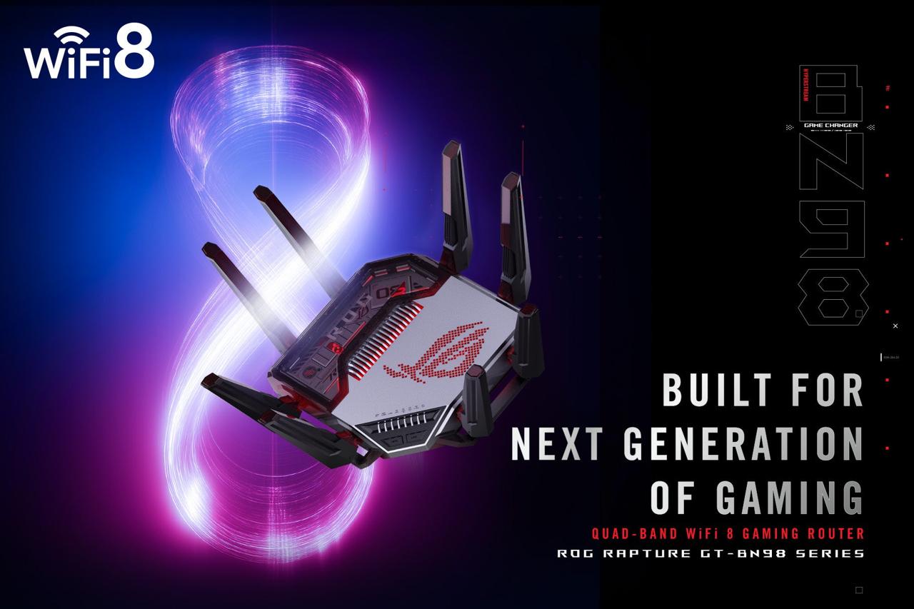 Игровой роутер ASUS ROG Rapture GT-BN98 с внешними антеннами на баннере Wi-Fi 8