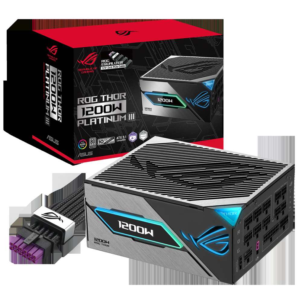 Блок питания ASUS ROG Thor 1200W Platinum III, его коробка и разъём кабеля ROG Equalizer