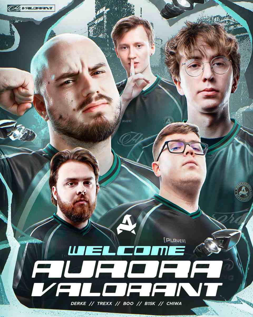 Коллаж с пятью игроками Aurora по Valorant в командных футболках и надписью Welcome Aurora Valorant