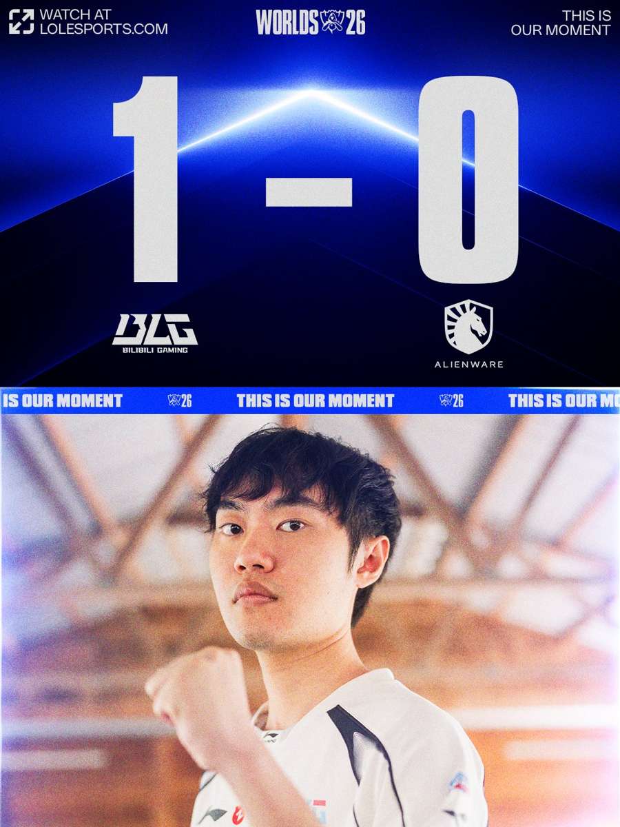 Официальный постер Riot с результатом BLG против Team Liquid 1:0, логотипами команд и фотографией игрока BLG