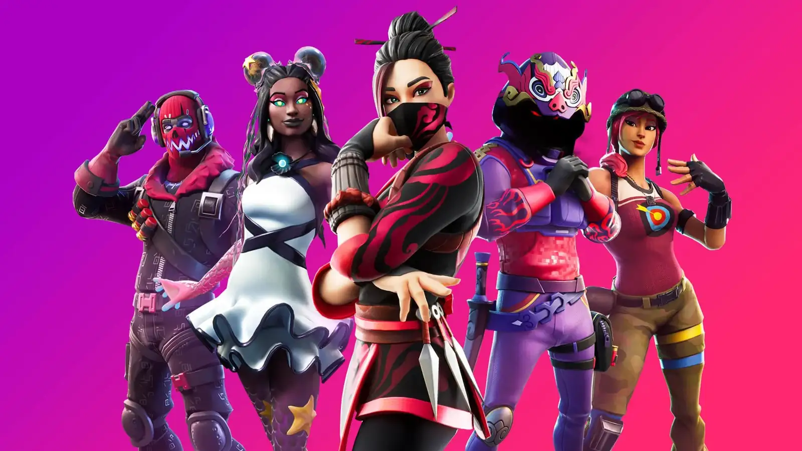 Пять персонажей Fortnite на розовом фоне
