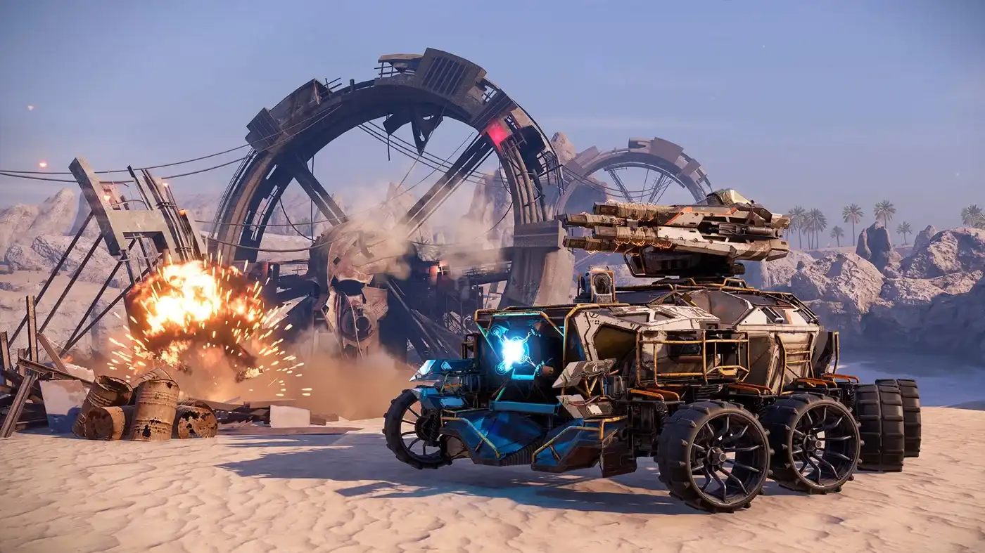 Бронемобиль Crossout во время боя среди руин