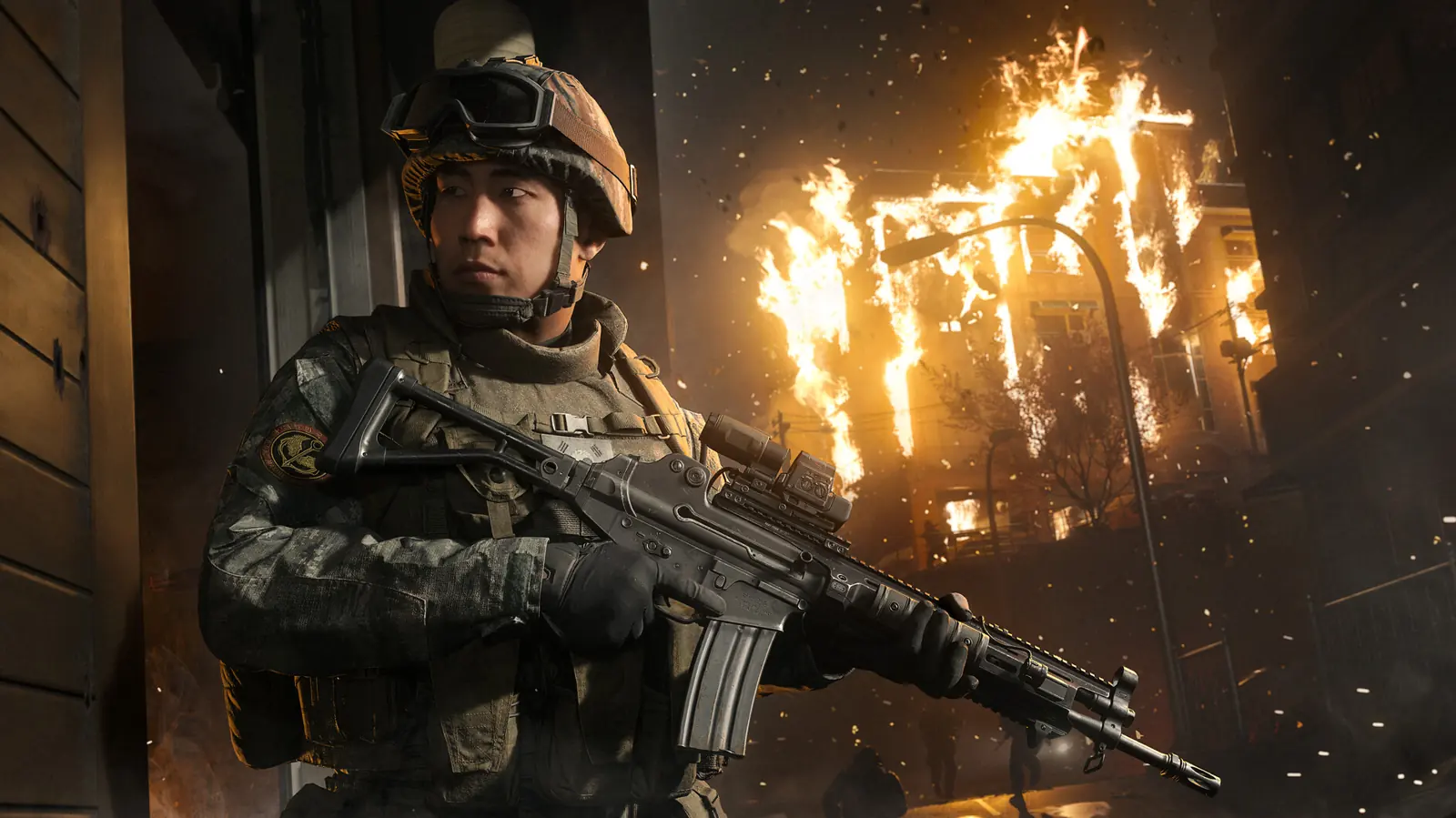 Боец Modern Warfare 4 на фоне взрыва