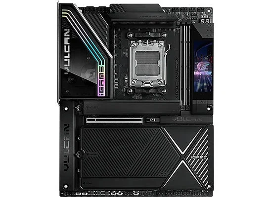 Чёрная материнская плата Colorful iGame X870E VULCAN OC V14 с сокетом AM5, двумя слотами памяти и крупными радиаторами