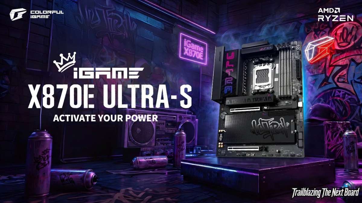 Чёрная материнская плата COLORFUL iGame X870E ULTRA-S на промоизображении с фиолетовой подсветкой и граффити