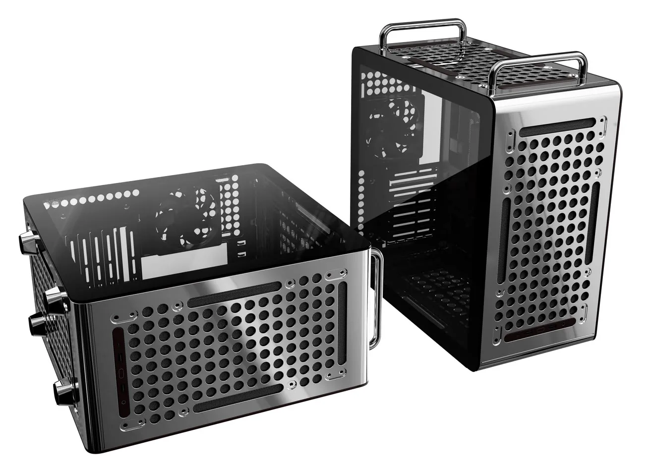 Два корпуса Cooler Master QUBE 540 с зеркальными стальными панелями в горизонтальном и вертикальном положении