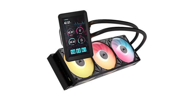 Чёрная СЖО Corsair TITAN II 360 RX LCD с тремя RGB-вентиляторами и вертикальным экраном на водоблоке