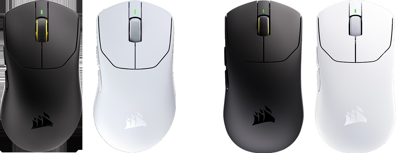 Мыши Corsair SABRE v3 PRO ERGO и Ultralight в чёрном и белом цветах, вид сверху