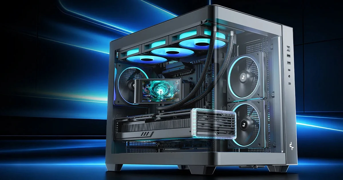 Чёрный корпус DeepCool CG330U 3F с изогнутым стеклом и установленными компонентами с голубой подсветкой