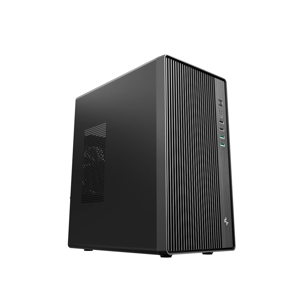 Чёрный корпус DeepCool CC310 с решётчатой передней панелью и четырьмя портами USB на белом фоне