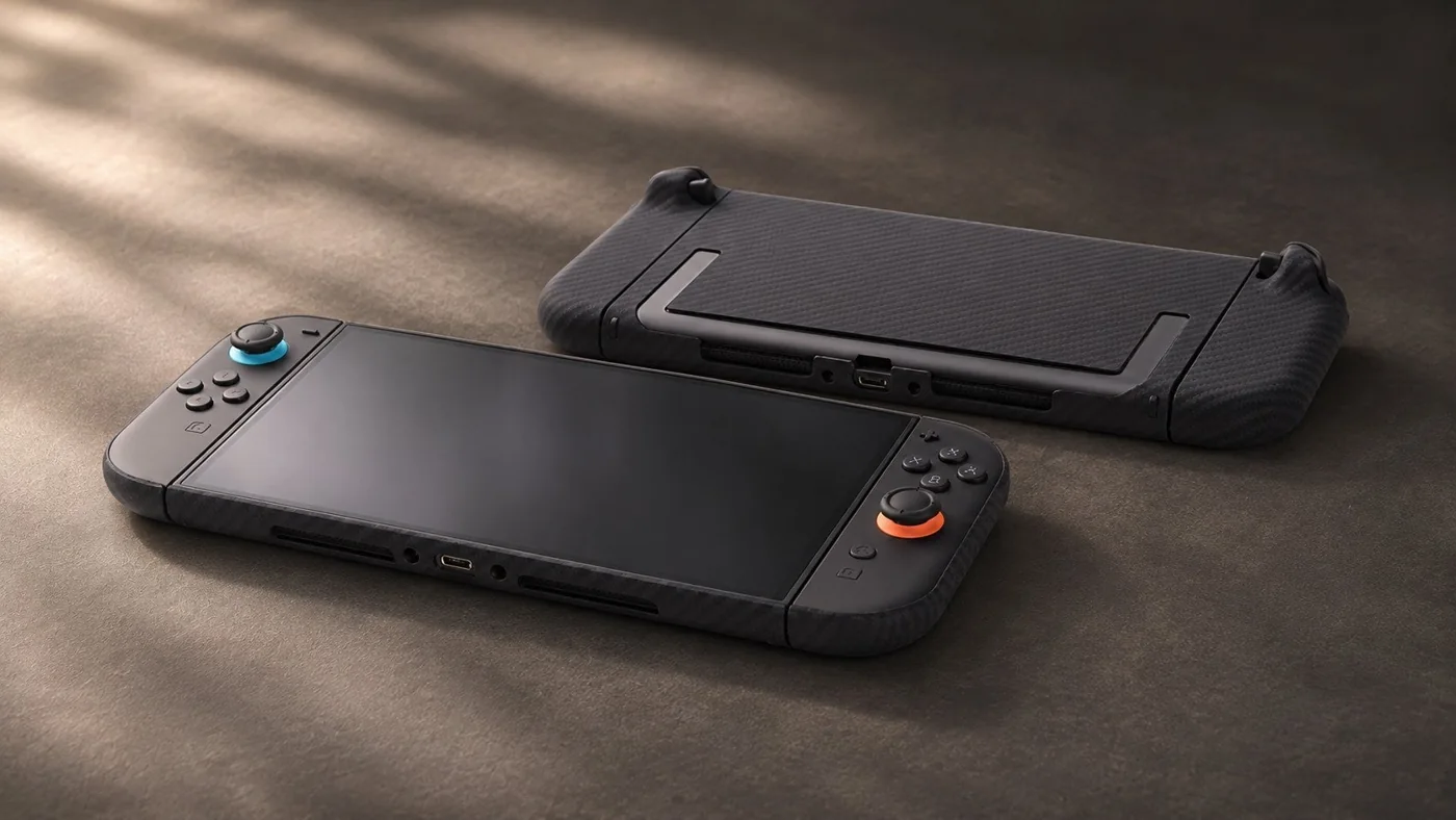 Две Nintendo Switch 2 в чёрных чехлах Deff DURO показаны спереди и сзади на столе