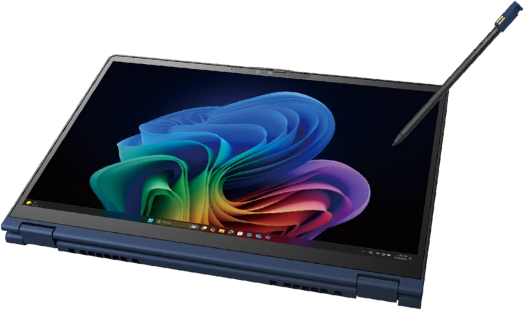 Ноутбук Dynabook V83/PA со сложенной за экран клавиатурой и стилусом рядом с сенсорным дисплеем