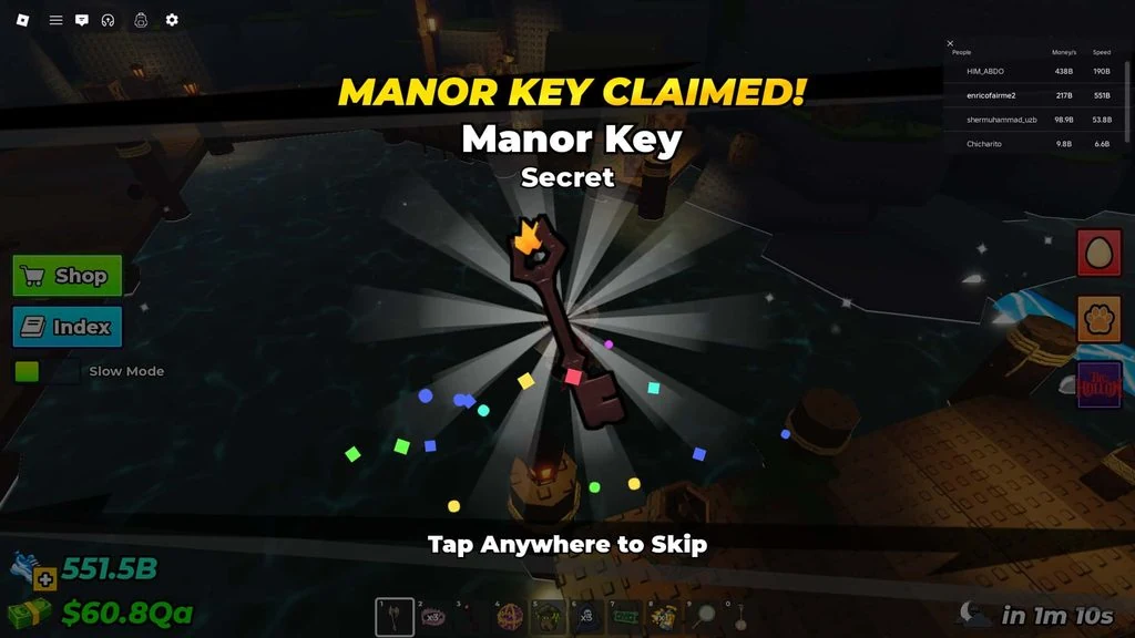 Сообщение Manor Key Claimed после получения ключа в Steal An Egg