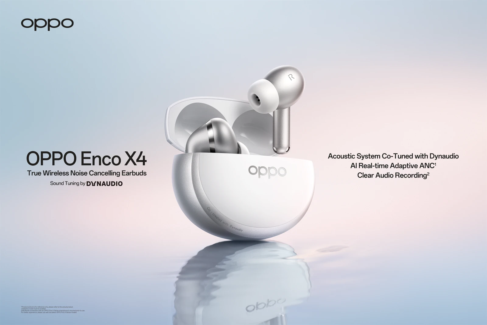 Светлые наушники OPPO Enco X4 и открытый зарядный футляр на официальном промоизображении