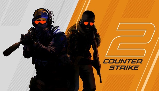 Два бойца с оружием и логотип Counter-Strike 2 на бело-оранжевом фоне