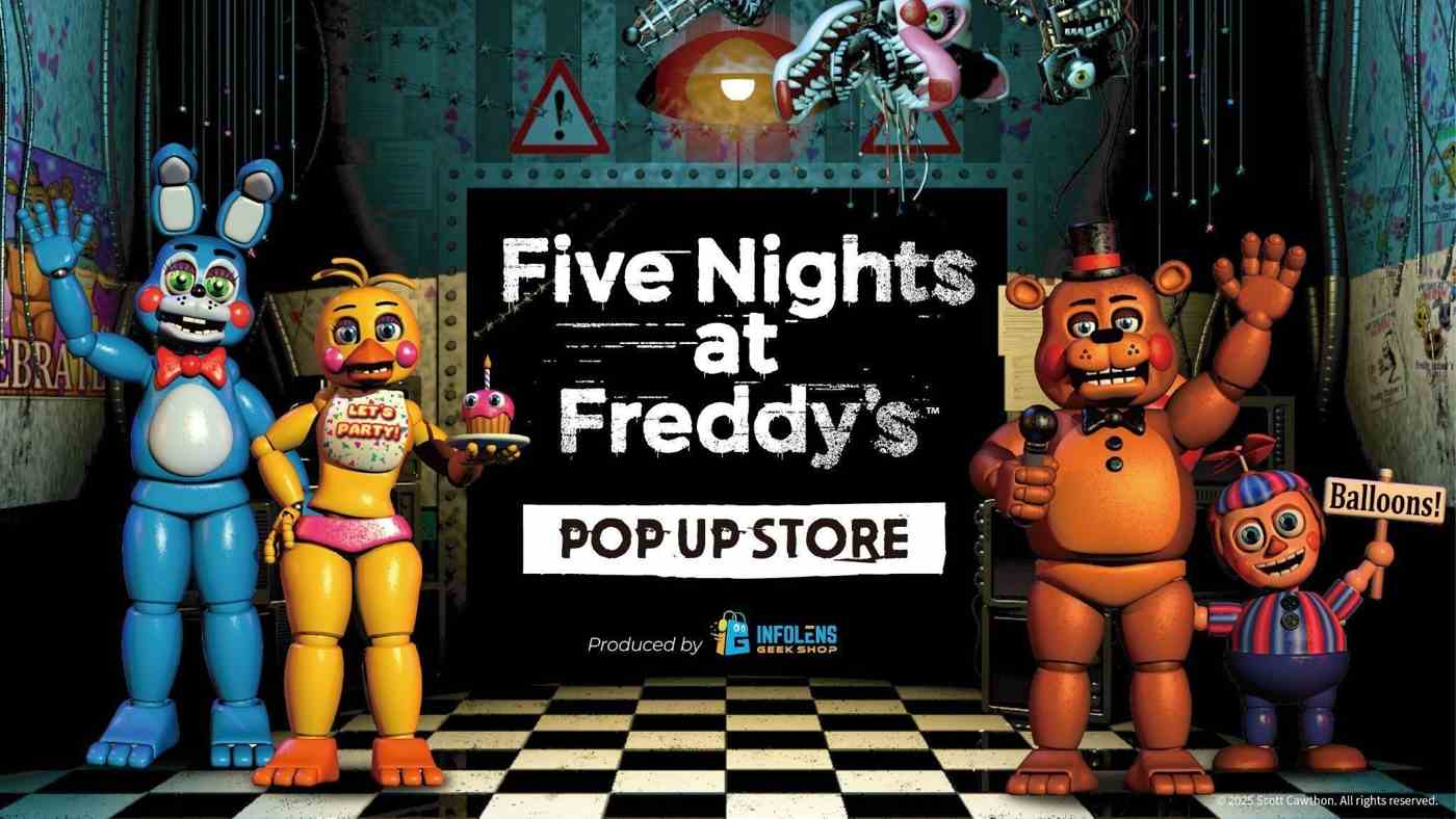 Фредди, Бонни, Чика и другие аниматроники на баннере Five Nights at Freddy’s POP UP STORE от Infolens