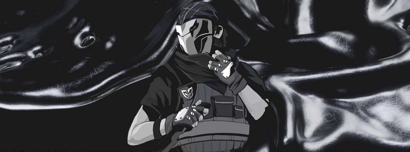 Чёрно-белая иллюстрация бойца Counter-Strike в маске и бронежилете с эмблемой G2