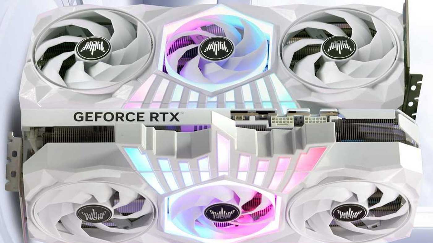 Две белые видеокарты GALAX GeForce с тремя вентиляторами и разноцветной подсветкой