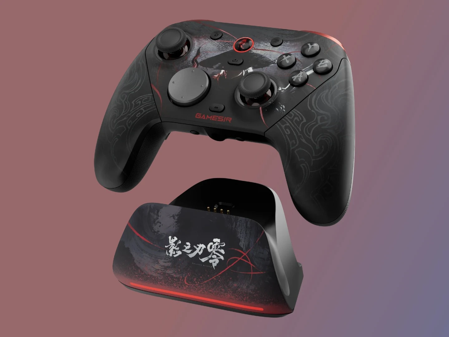 Чёрно-красный геймпад GameSir Phantom Blade Zero Edition и оформленная в том же стиле зарядная станция